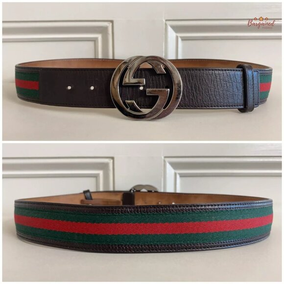 Authentic Gucci Web Canvas Brown Leather Silver Interlocking G Buckle Belt 85/34 - Picture 5 of 12